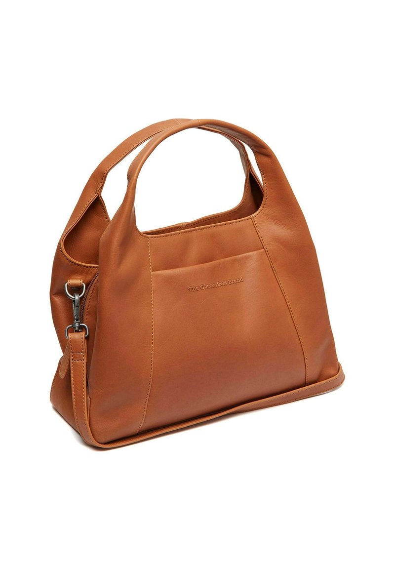 Sac à main en cuir marron avec une forme arrondie, double poignées et une bandoulière détachable. Présente une finition texturée et un détail de logo en relief.