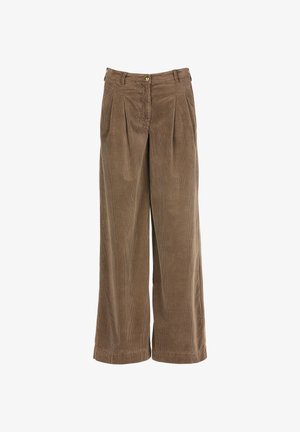 Pantalones de pana anchos marrones con pliegues en la parte frontal, cierre de botón y una tela texturizada. Presentan una cintura alta y piernas rectas.