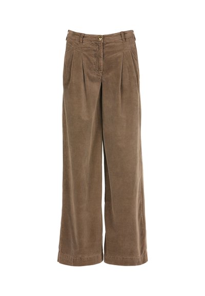 Bruine corduroy wijde broek met voorplooien, een knoopsluiting en een gestructureerde stof. Heeft een hoge taille en rechte pijpen.