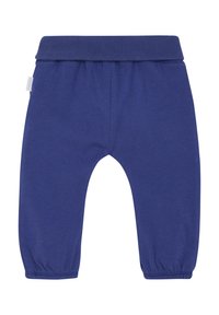 Marineblauwe katoenen babybroek met een geribde tailleband en elastische boorden bij de enkels, met een zachte, gladde textuur.