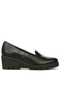 Zwarte wiggen van glad leer met een gesloten neus en een instapontwerp. Voorzien van een gestructureerde platformzool en minimale stiksels.