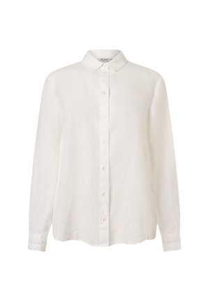 White long-sleeve button-up shirt made of linen, featuring a classic collar and button closure, with subtle cuff detailing and a relaxed fit.