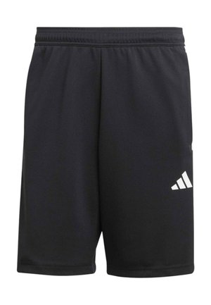 Pantalones cortos deportivos negros con cinturilla elástica y logo blanco de Adidas en la pierna inferior derecha, hechos de tela suave.
