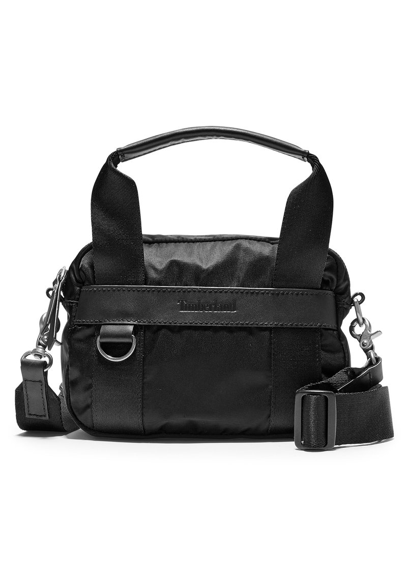 Borsa a mano nera in nylon con due manici superiori e una tracolla rimovibile. Presenta una forma rettangolare, una texture liscia e dettagli in metallo argentato.