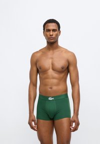 Πράσινα μποξεράκια από ελαστικό ύφασμα με εφαρμοστή εφαρμογή, με λευκό λογότυπο στη λαστιχένια ζώνη μέσης. Λείο ύφασμα, απλός σχεδιασμός.