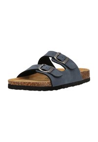 Blaue Leder-Sandalen mit zwei verstellbaren Riemen, silbernen Schnallen, Korkfußbett und schwarzem Gummiaußensohle.