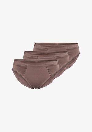 Three pairs of women's briefs in a muted brown color, made from soft fabric with a classic design and elastic waistband for comfort.