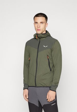 Green zip-up jacket with a hood, featuring a textured dark gray upper section, black zippers, and orange accents. Lightweight material.