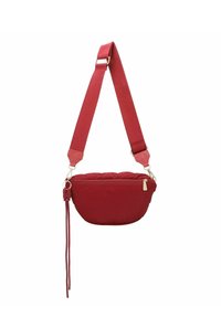 Rote Stoff-Schultertasche mit rundem, gepolstertem Design. Sie verfügt über einen goldenen Reißverschluss, einen verstellbaren Trageriemen und ein dekoratives Banddetail.