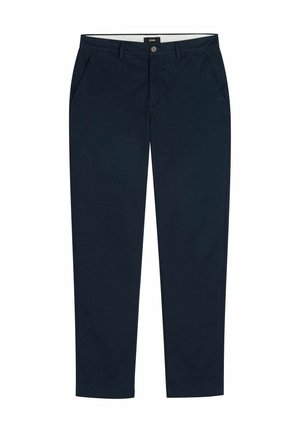 Spodnie męskie w ciemnym granacie o prostym kroju, z przodu na guzik, z szlufkami na pasek i kieszeniami bocznymi na białym tle.