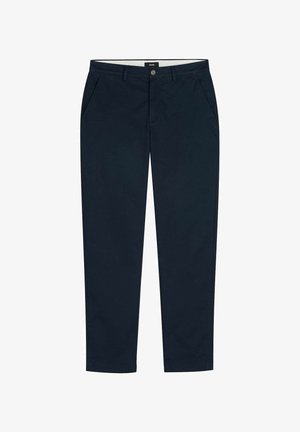 Spodnie męskie w ciemnym granacie o prostym kroju, z przodu na guzik, z szlufkami na pasek i kieszeniami bocznymi na białym tle.