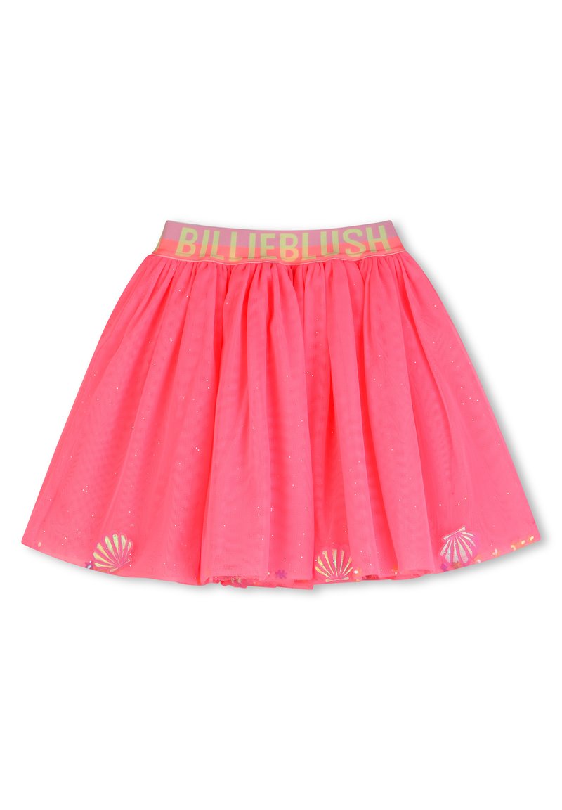 Φούστα από ροζ τούλι με σχεδιασμό με πιέτες, διαθέτει γυαλιστερή ζώνη μέσης με την ετικέτα "BILLIEBLUSH" και σχέδια με κοχύλια σε ιριδίζουσες αποχρώσεις.