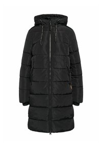 Schwarzer gepolsterter Parka mit Reißverschluss, Kapuze und verstellbaren Kordeln. Verfügt über Seitentaschen und ein strukturiertes, gestepptes Design.
