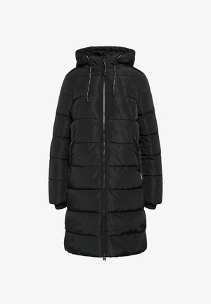 Zwarte gewatteerde parka met een ritssluiting, capuchon en verstelbare trekkoorden. Heeft zijzakken en een gestructureerd, gewatteerd ontwerp.