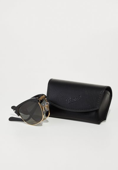 Sunglasses with black frames, gold accents, and dark lenses. Accompanied by a black leather case with embossed logo.