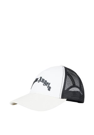 Cappellino da baseball bianco con retro in rete nera e testo ""Palm Angels"" in carattere gotico nero sul pannello frontale.