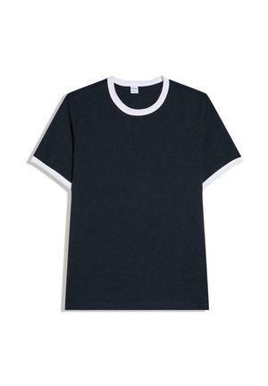 T-shirt noir à manches courtes avec bordure blanche au col et aux poignets des manches, posé à plat sur un fond blanc.
