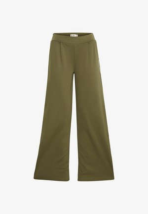 Pantalons larges en vert olive, dotés d'un tissu lisse et extensible, d'une taille plissée et de poches latérales. Design simple et minimaliste.