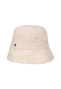 Light gray wool bucket hat with a soft texture, featuring a subtle pattern, a turned-up brim, and a metal logo accent.