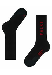 Calze nere con testo e logo "FALKE" rossi. Materiale liscio, punta e tallone rinforzati, dettagli testurizzati sulla suola per una migliore aderenza.