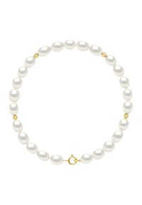 Collier de perles composé de perles blanches en forme d'ovale avec une surface brillante, émaillé de petites perles dorées et doté d'un fermoir circulaire en or.