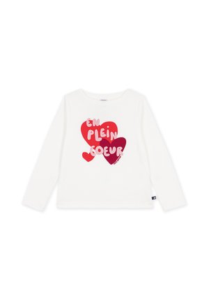 Weißes Langarmshirt mit drei roten und violetten Herzen und pinkem Text "EN PLEIN COEUR" auf der Vorderseite.