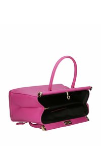 Bolso de mano de cuero rosa con una forma estructurada, asa superior, acentos en hardware dorado y un interior negro que cuenta con un bolsillo con cremallera.
