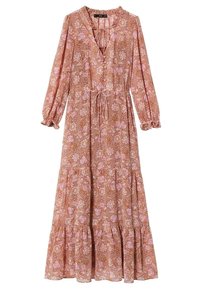 Langes pinkes Blumenkleid mit V-Ausschnitt, Knopfdetails und elastischen Puffärmeln. Es hat eine verstellbare Taille und einen gestuften Rock.