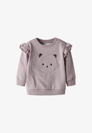 Lys lilla sweatshirt til småbørn med flæsedetaljer på skuldrene og en tekstureret broderet tegneserie egern på fronten.