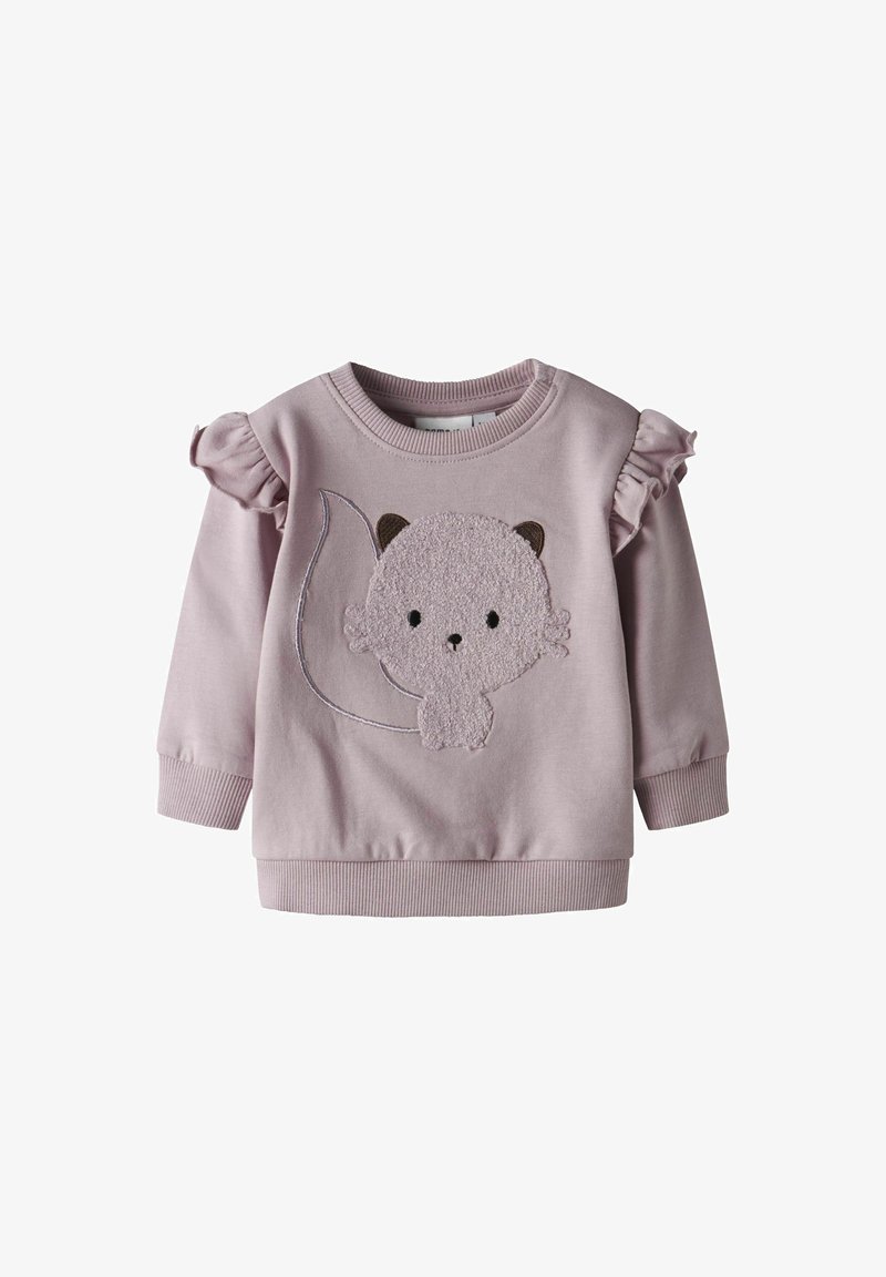 Sweat-shirt pour tout-petit couleur violet clair avec des détails à volants sur les épaules et un écureuil de dessin animé brodé en relief sur le devant.