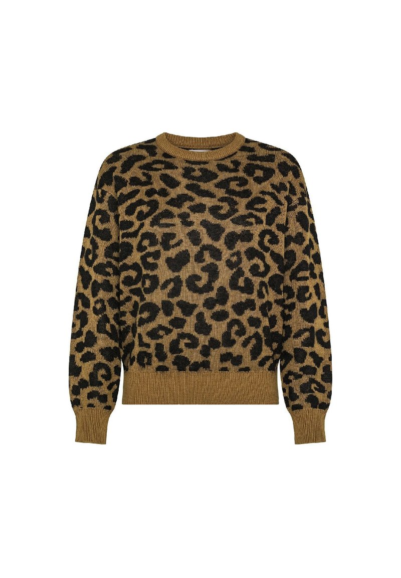 Maglione marrone con design a stampa leopardata nera, scollo rotondo a costine e maniche lunghe con polsini aderenti. Tessuto a maglia textured.