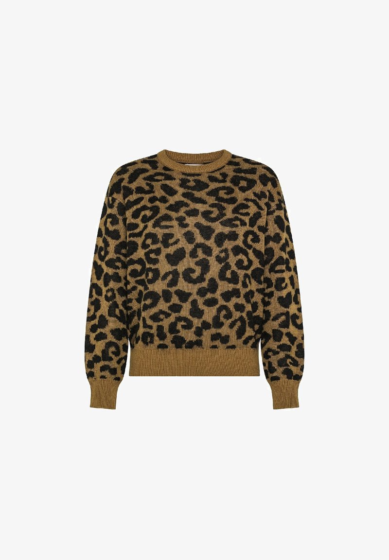 Maglione marrone con design a stampa leopardata nera, scollo rotondo a costine e maniche lunghe con polsini aderenti. Tessuto a maglia textured.