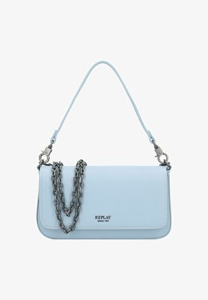 Light blue rectangular shoulder bag with silver chain detail and "REPLAY SINCE 1981" printed on front flap.