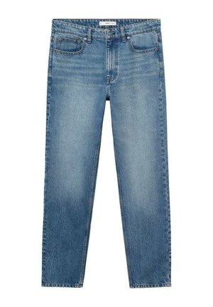 Light blue straight-leg jeans made from denim, featuring five pockets, a belt loop waistband, and subtle faded detailing across the fabric.