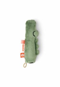 Plush green toy with a soft texture, featuring a playful design, small protrusions, black stitching for eyes, and a loop for attachment.