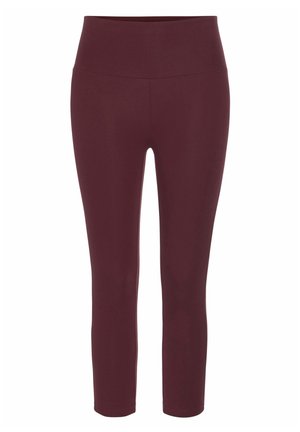 Burgundy leggings with a high waistband, made from stretchy fabric. They feature a smooth texture and a fitted, cropped design.