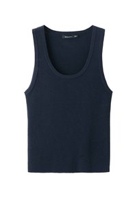 Top sin mangas de color azul marino, hecho de tela acanalada, con un escote redondo y tirantes anchos. Textura suave y sin patrones.