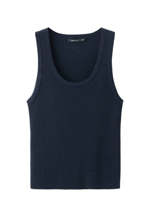 Débardeur sans manches bleu marine en tissu côtelé, avec un col rond et des larges bretelles. Texture lisse sans motifs.