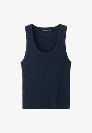 Navy blue sleeveless tank top made of ribbed fabric, featuring a round neckline and wide shoulder straps. Smooth texture with no patterns.