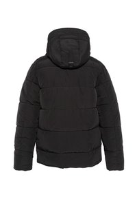 Czarna kurtka puchowa z kapturem, poziomym pikowaniem i miękką fakturą. Posiada ściągacz z tyłu dla lepszego dopasowania.