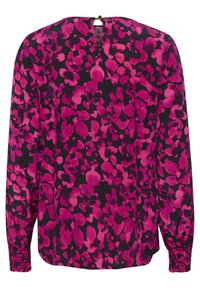 Langærmet bluse med blomsterprint i nuancer af pink på en sort baggrund, med en nøglehul-ryg og rynkede håndled.