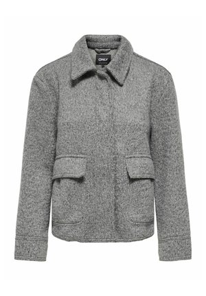 Veste en laine grise à coupe décontractée, col à revers, deux poches avant et tissu texturé. Caractérisée par des détails de couture simples.