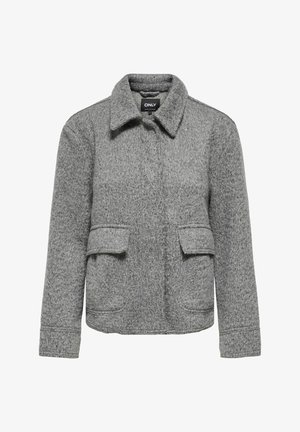 Chaqueta de lana gris con un corte holgado, cuello con solapa, dos bolsillos delanteros y tejido texturizado. Presenta detalles de costuras sencillas.