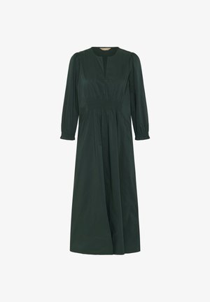 Dunkelgrünes, langärmliges Kleid mit geraffter Taille, rundem Ausschnitt und fließender Silhouette. Glatter Stoff mit leichtem Glanz.