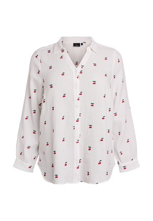 Balta ilgomis rankovėmis palaidinė su sagutėmis, dekoruota mažais raudonais vyšnių raštais ir klasikiniu apykakle.