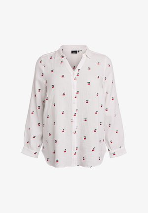 Balta ilgomis rankovėmis palaidinė su sagutėmis, dekoruota mažais raudonais vyšnių raštais ir klasikiniu apykakle.