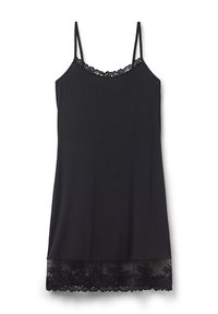 Camiseta sin mangas negra hecha de un tejido ligero, con tirantes ajustables y un borde de encaje en el dobladillo para un detalle adicional.