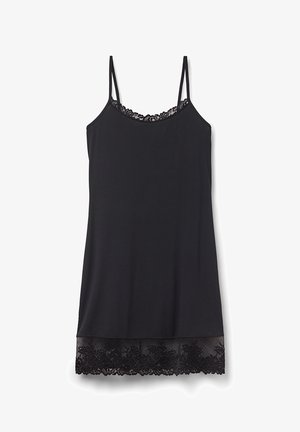 Černý top na ramínka vyrobený z lehkého materiálu, s nastavitelnými ramínky a krajkovým lemem na spodním okraji pro zvýraznění detailu.