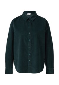 Chemise en velours côtelé vert foncé avec un devant boutonné, un col, des manches longues et un ourlet arrondi. Dotée de boutons verts assortis et d'un tissu texturé.