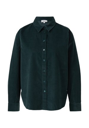Chemise en velours côtelé vert foncé avec un devant boutonné, un col, des manches longues et un ourlet arrondi. Dotée de boutons verts assortis et d'un tissu texturé.